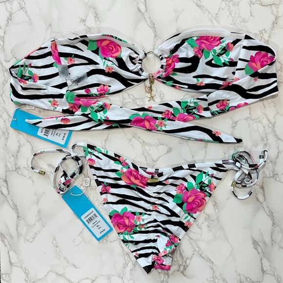 Beach Bunny Bethany Bandeau & Constance Tie Side Bottom - Zebra Rose SZ XL $190 - Picture 12 of 14